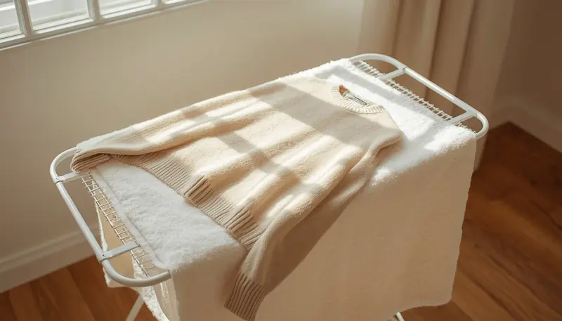 Cashmere sweater laid flat on white towel and mesh drying rack in natural light, showing proper cashmere drying technique