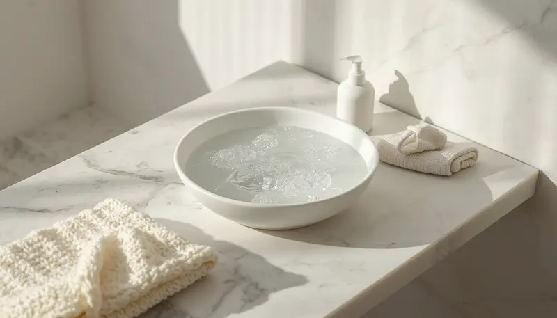 Hand washing cashmere in white basin with cool soapy water and gentle wool detergent on marble countertop