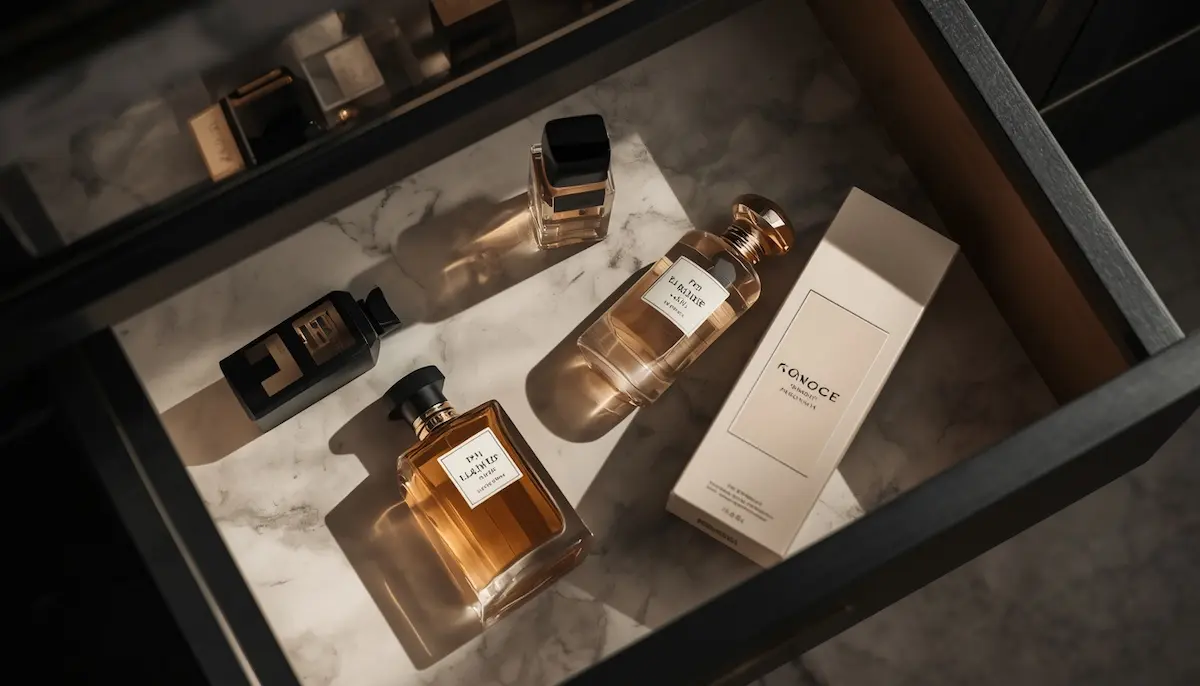 Luxury perfume bottles and original box neatly stored inside a dark vanity drawer with a marble liner