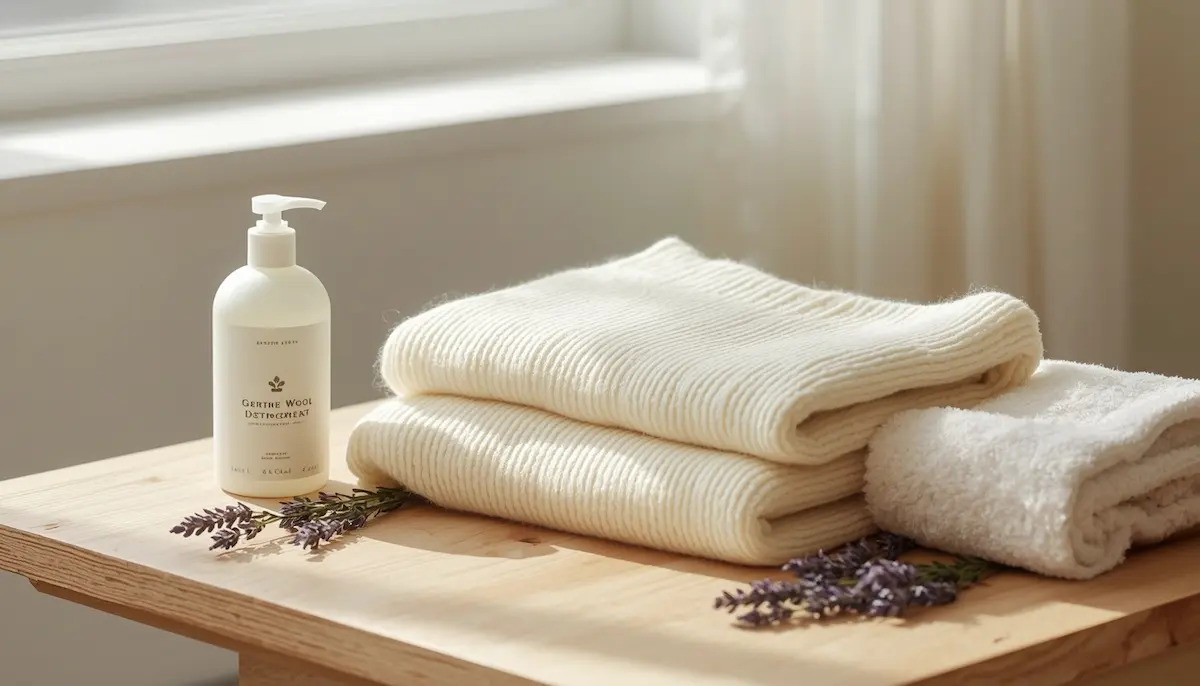  Cream cashmere sweater folded on wooden table beside       gentle wool detergent in soft natural light, representing how to wash cashmere safely at home