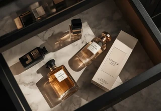 Luxury perfume bottles and original box neatly stored inside a dark vanity drawer with a marble liner