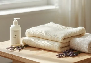  Cream cashmere sweater folded on wooden table beside       gentle wool detergent in soft natural light, representing how to wash cashmere safely at home