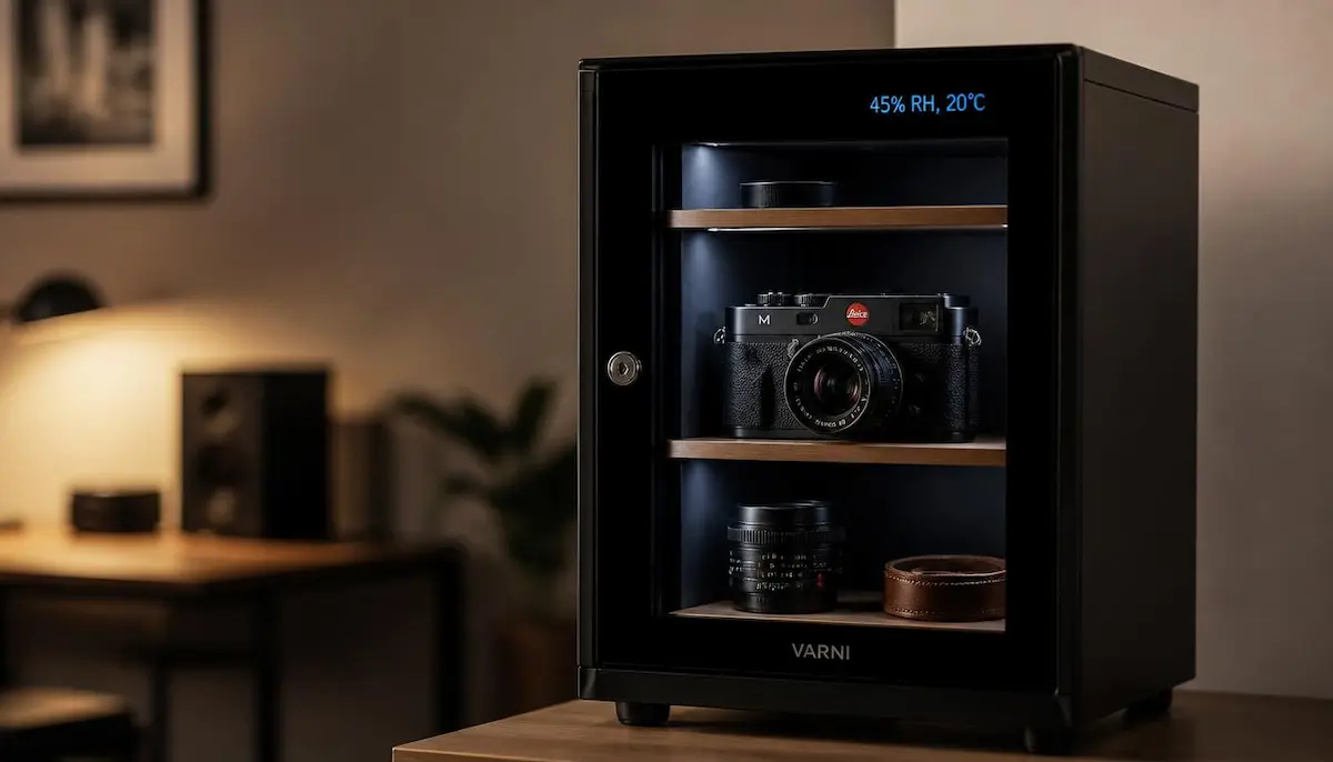 An electronic dry cabinet with a digital humidity display storing a Leica camera and premium lenses