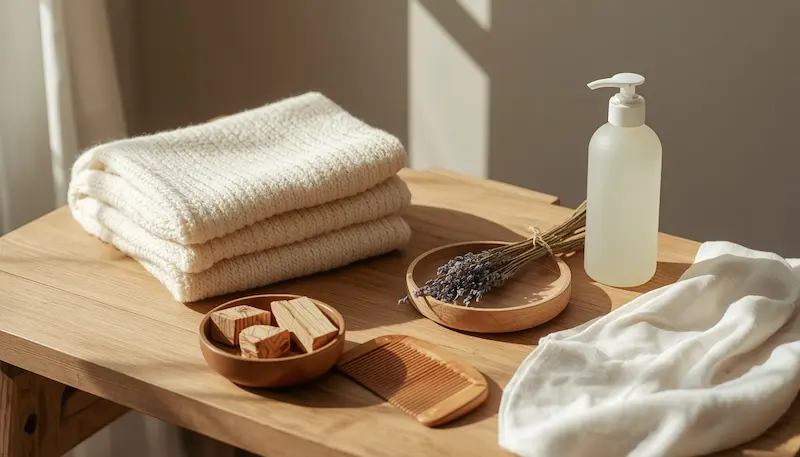 Cashmere care essentials including detergent cedar blocks lavender and cashmere comb arranged on wooden table for luxury sweater maintenance