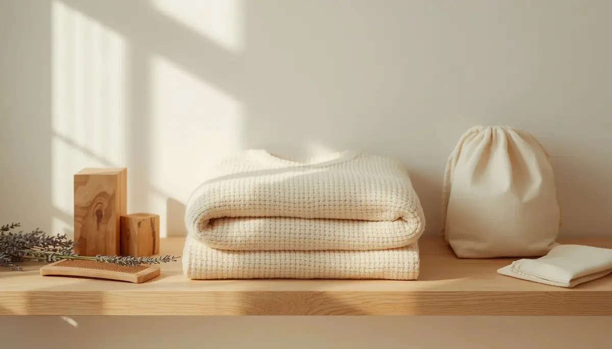  Folded cream cashmere sweater with cedar blocks and lavender on wooden shelf, representing complete cashmere care guide for 2026