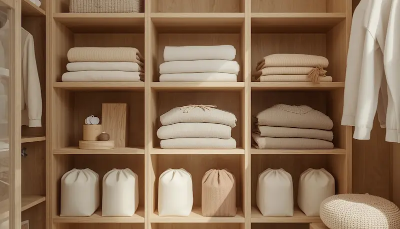 Organized closet with folded cashmere sweaters cedar blocks and storage bags showing proper cashmere storage methods