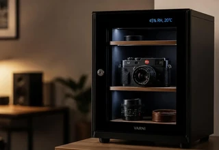 An electronic dry cabinet with a digital humidity display storing a Leica camera and premium lenses