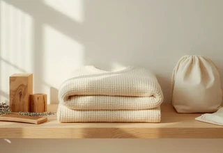  Folded cream cashmere sweater with cedar blocks and lavender on wooden shelf, representing complete cashmere care guide for 2026