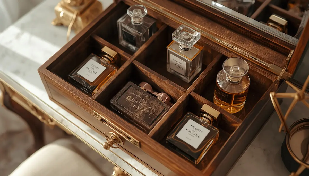Luxury wooden fragrance storage box filled with premium perfume bottles on a vanity desk