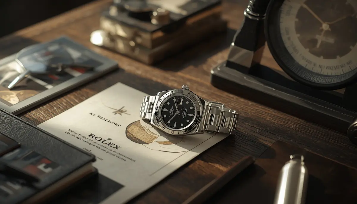 Rolex watch beside service documents and loupe on a dark luxury desk