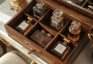Luxury wooden fragrance storage box filled with premium perfume bottles on a vanity desk