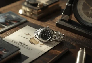 Rolex watch beside service documents and loupe on a dark luxury desk