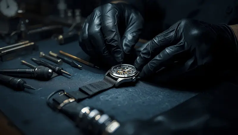 Watchmaker inspecting a Rolex movement during professional service