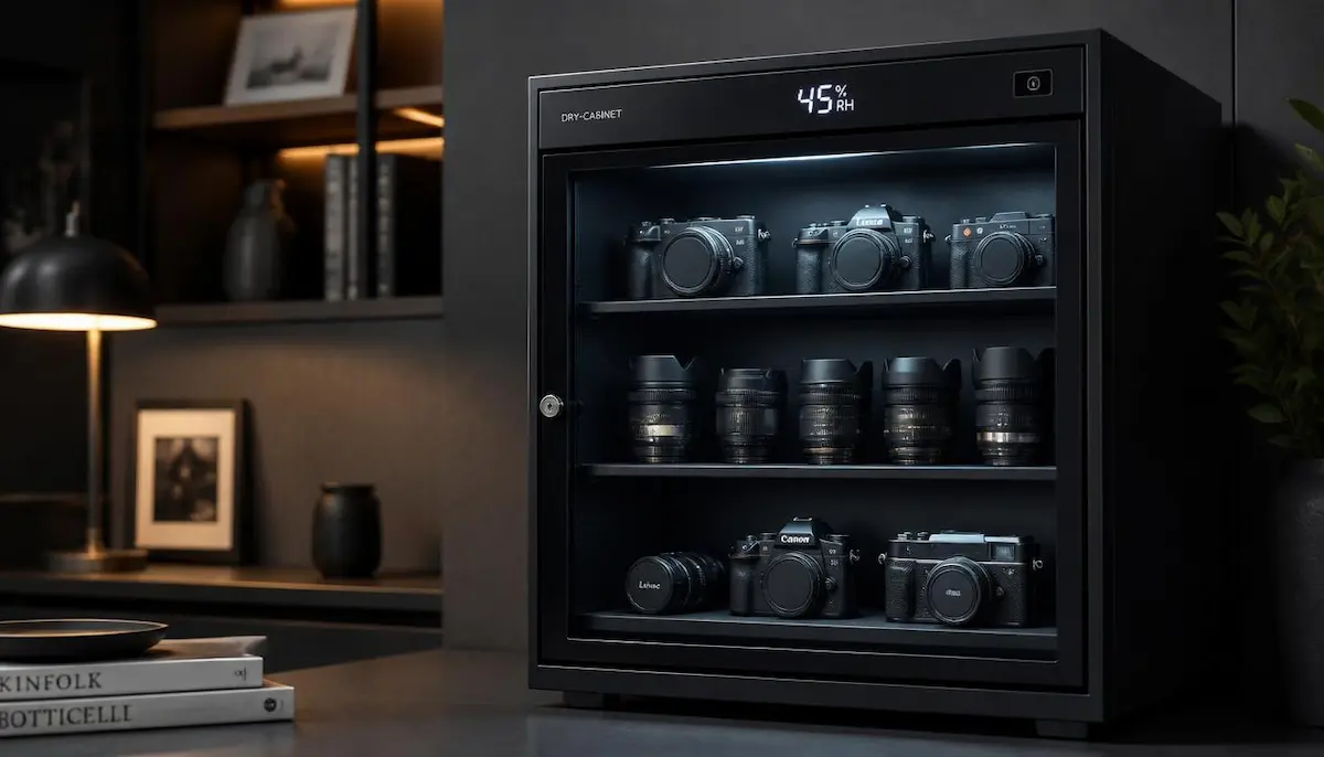 A luxury black electronic dry cabinet showing 45 percent relative humidity storing multiple premium camera bodies and lenses safely to prevent fungus.