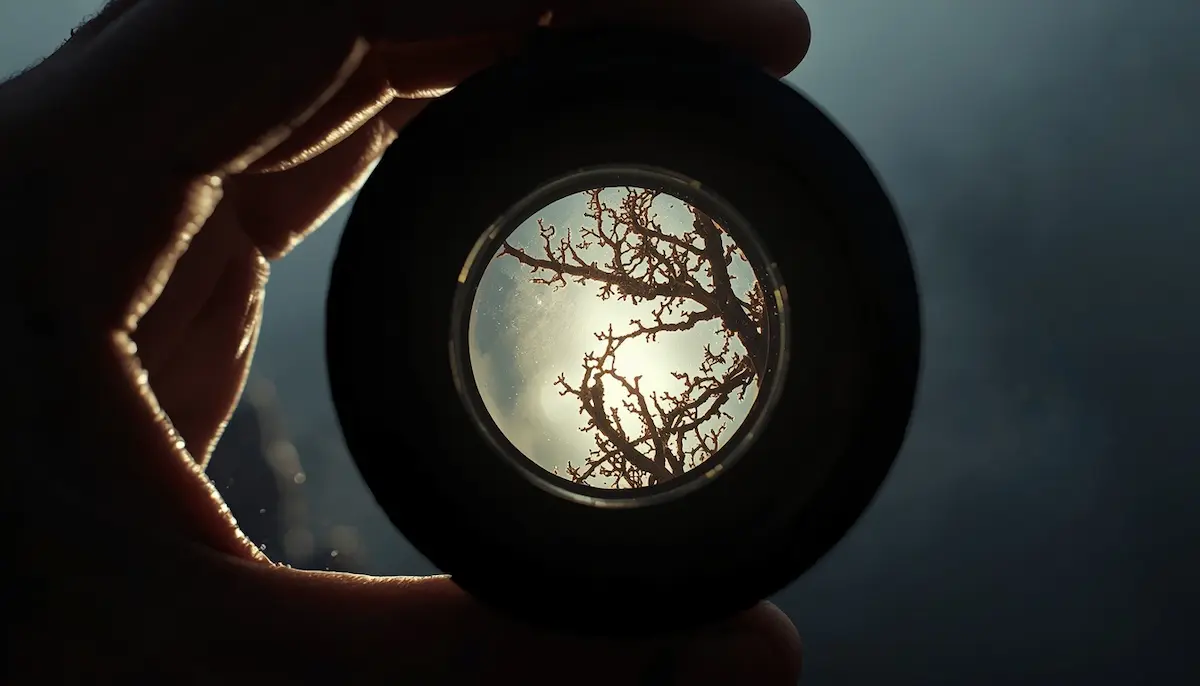 A close-up of a photographer holding an optical element up to the light to check a severe camera lens fungus infection growing inside