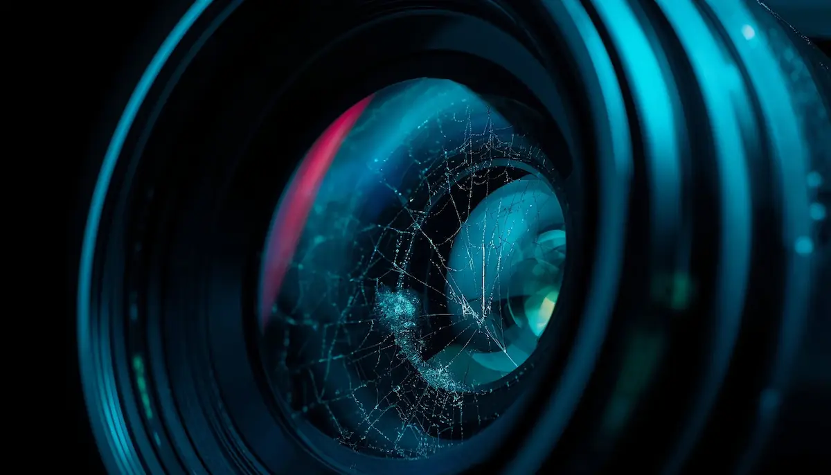 Close-up of a premium camera lens with visible spiderweb-like lens fungus etching the internal glass element, illustrating how to prevent camera lens fungus