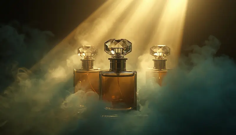 Luxury niche perfume bottles exposed to dramatic sunlight, illustrating how to store perfume to last longer.