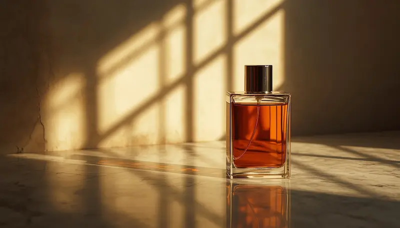 A luxury fragrance flacon sitting near a window under direct sunlight, showing the risk of UV degradation.