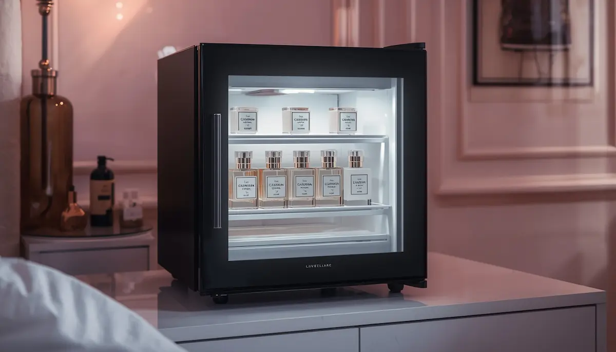 A premium black skincare mini fridge used as a temperature-controlled storage solution for luxury perfumes.