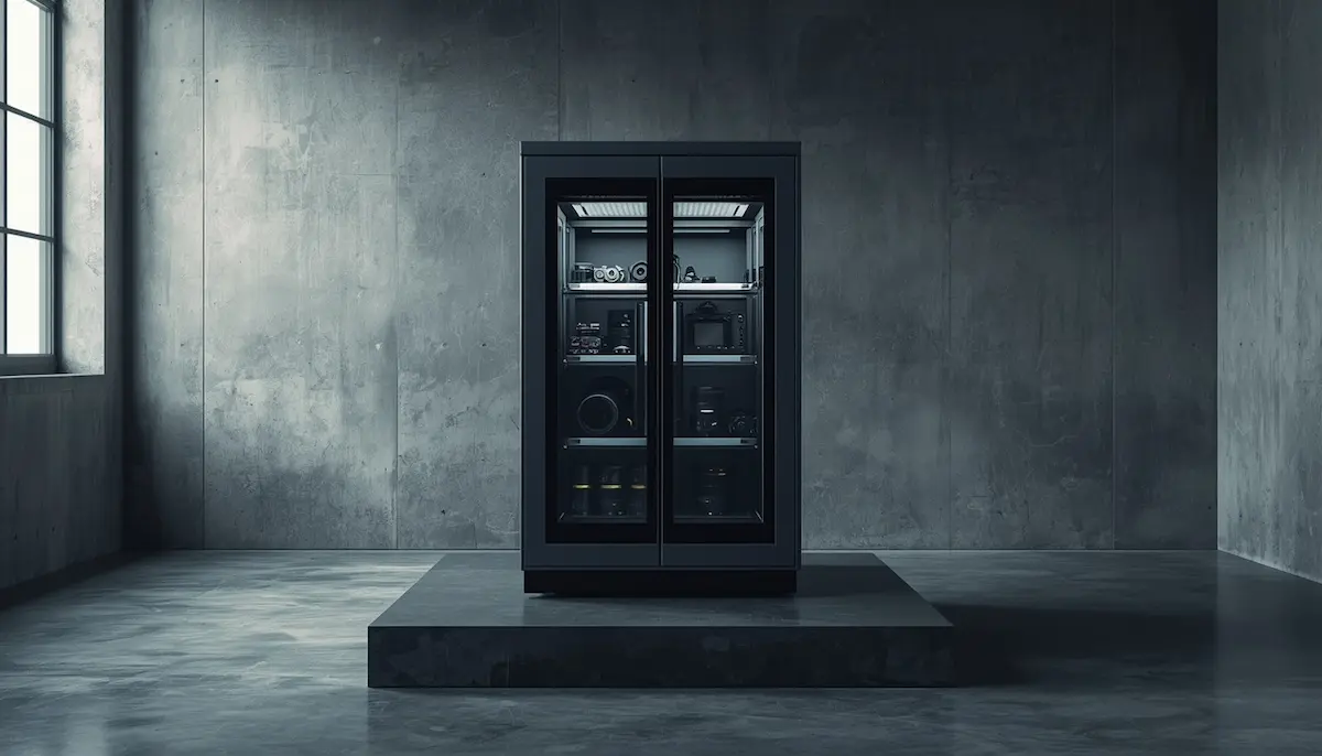 A large dual-door premium electronic dry cabinet filled with professional cameras and lenses inside a minimalist concrete studio, showcasing the best electronic dry cabinets