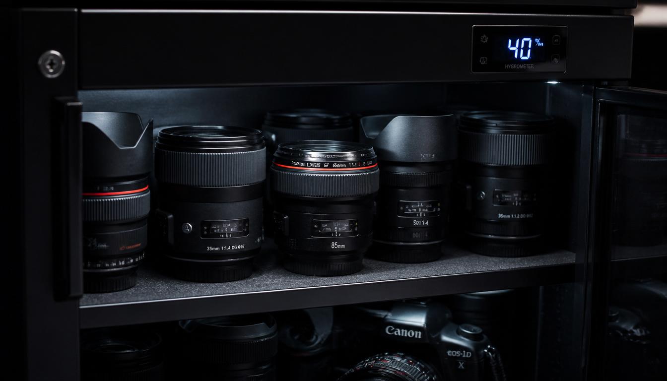 A digital hygrometer display showing 40 percent humidity inside a cabinet filled with premium camera lenses, demonstrating the best electronic dry cabinets