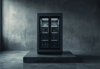 A large dual-door premium electronic dry cabinet filled with professional cameras and lenses inside a minimalist concrete studio, showcasing the best electronic dry cabinets