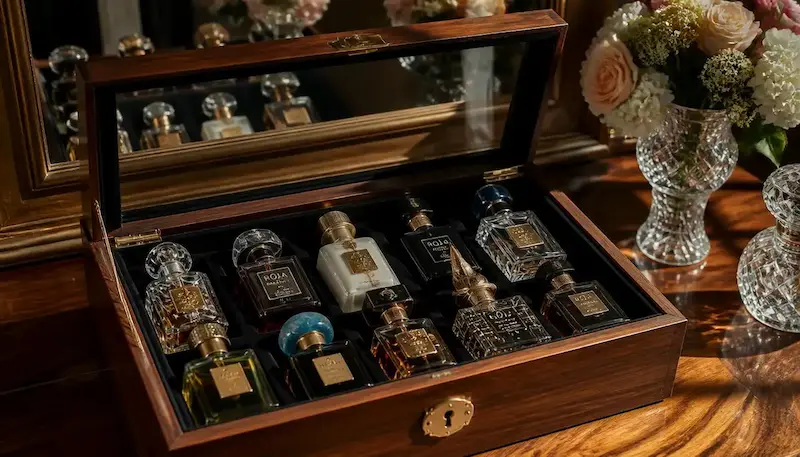 An open multi-tier acrylic fragrance storage box with premium and niche perfume bottles arranged on a luxury vanity