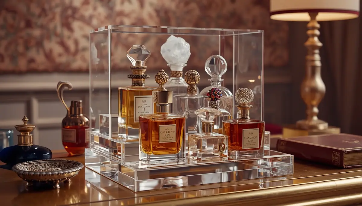 A luxury clear acrylic fragrance storage box displaying high-end premium perfume bottles on a golden vanity table.