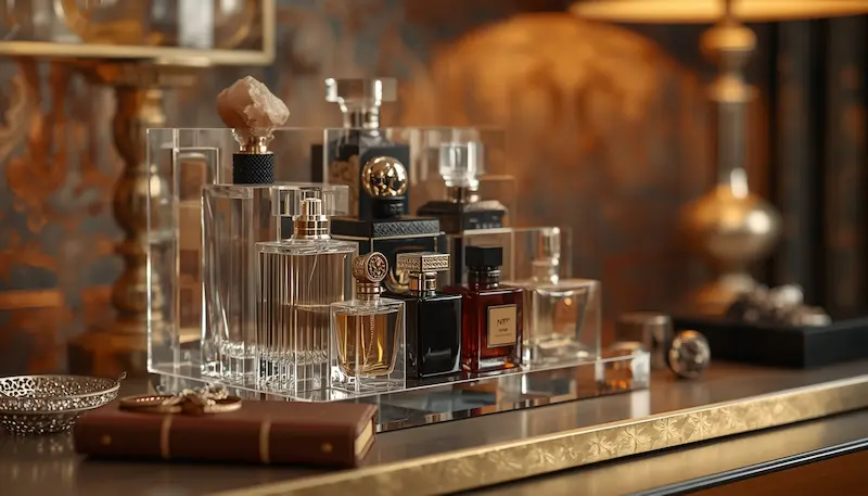 An open multi-tier acrylic fragrance storage box with premium and niche perfume bottles arranged on a luxury vanity.