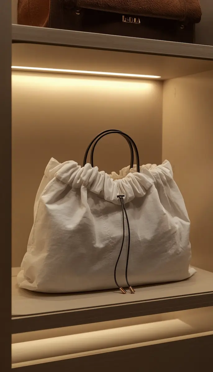 A luxury handbag safely stored inside a white breathable cotton dust bag on a illuminated closet shelf