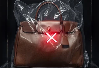 A brown luxury leather handbag wrapped in sealed plastic on a closet shelf with a glowing red cross mark warning against plastic storage