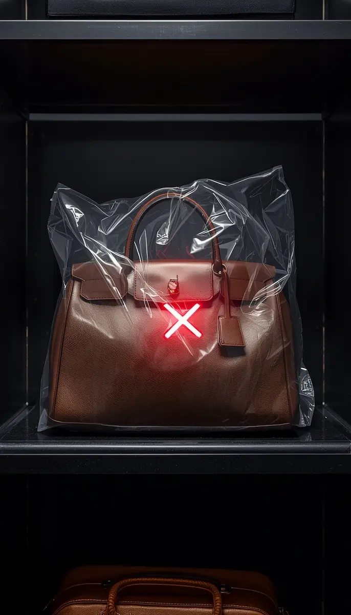 A brown luxury leather handbag wrapped in sealed plastic on a closet shelf with a glowing red cross mark warning against plastic storage