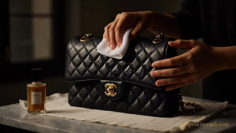 Hands gently cleaning a Chanel Classic Flap black quilted lambskin bag with a white microfiber cloth, with a leather conditioner bottle beside it on a marble surface