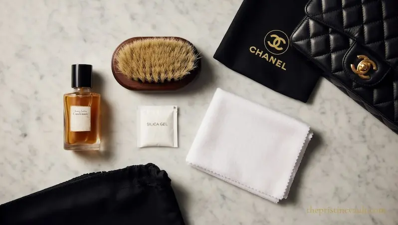 Flat lay of Chanel bag care essentials on a marble surface — leather conditioner, horsehair brush, silica gel packet, white microfiber cloth, black dust bag, and a black quilted lambskin Chanel Classic Flap bag with gold CC hardware