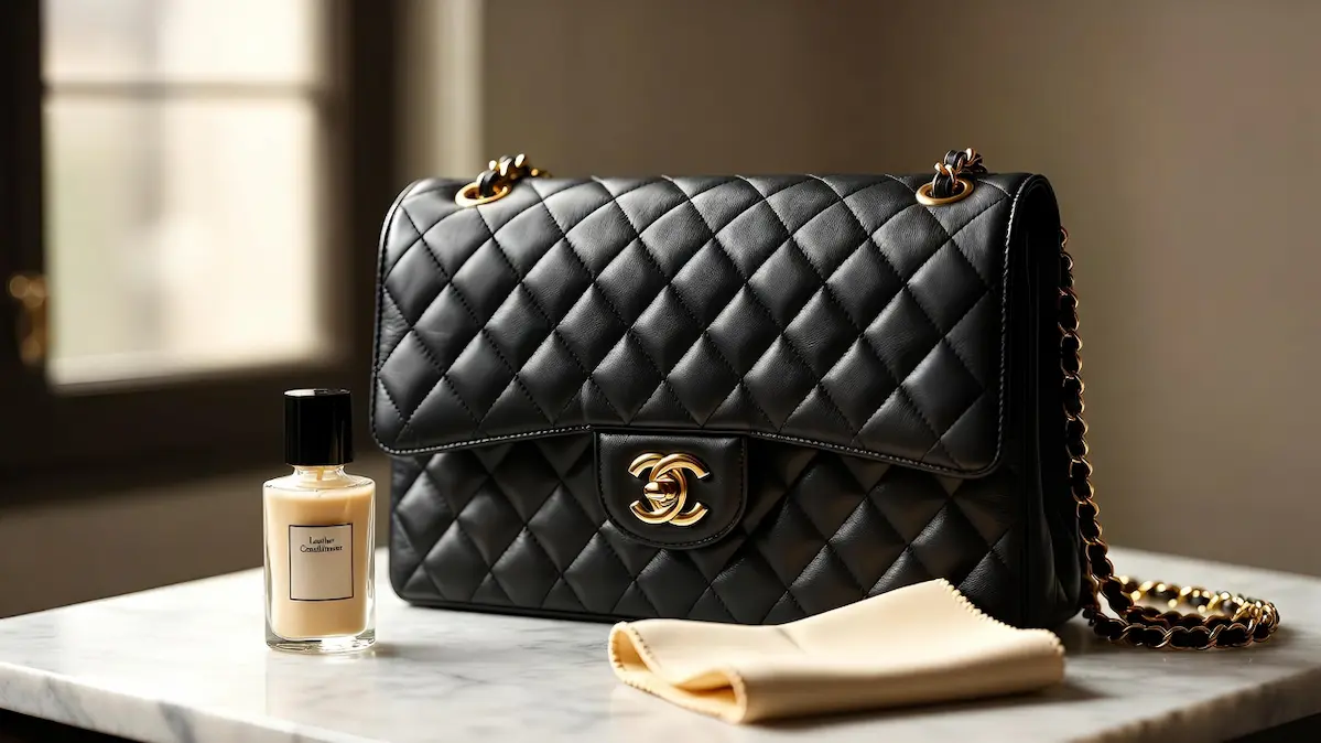 A Chanel Classic Flap bag in black quilted lambskin leather with gold CC turn-lock closure and chain strap, placed on a marble surface beside a leather conditioner bottle and ivory microfiber cloth
