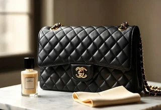 A Chanel Classic Flap bag in black quilted lambskin leather with gold CC turn-lock closure and chain strap, placed on a marble surface beside a leather conditioner bottle and ivory microfiber cloth