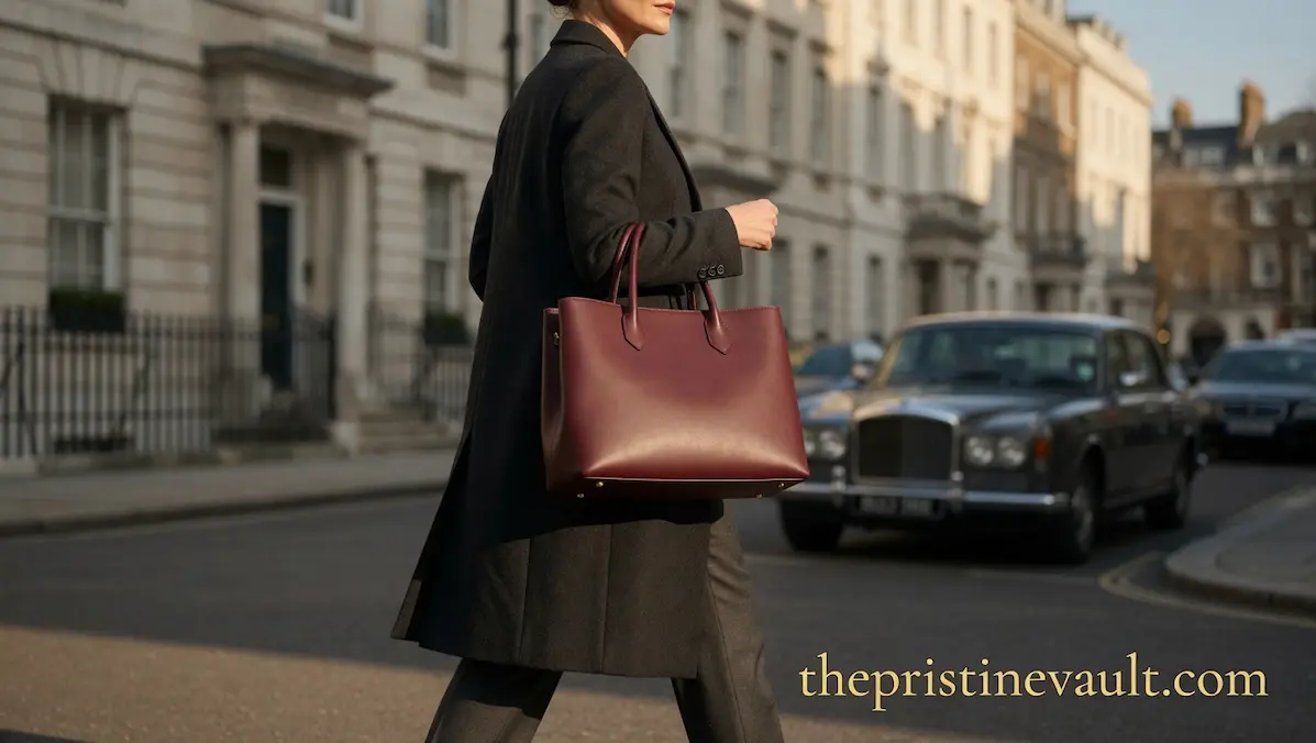 A sophisticated woman walking in Mayfair London carrying a burgundy quiet luxury leather handbag, representing top handbag trends for 2026 without visible logos.