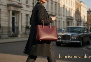 A sophisticated woman walking in Mayfair London carrying a burgundy quiet luxury leather handbag, representing top handbag trends for 2026 without visible logos.
