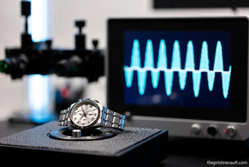 A professional timegrapher showing inaccurate beat rate for a mechanical watch requiring maintenance.