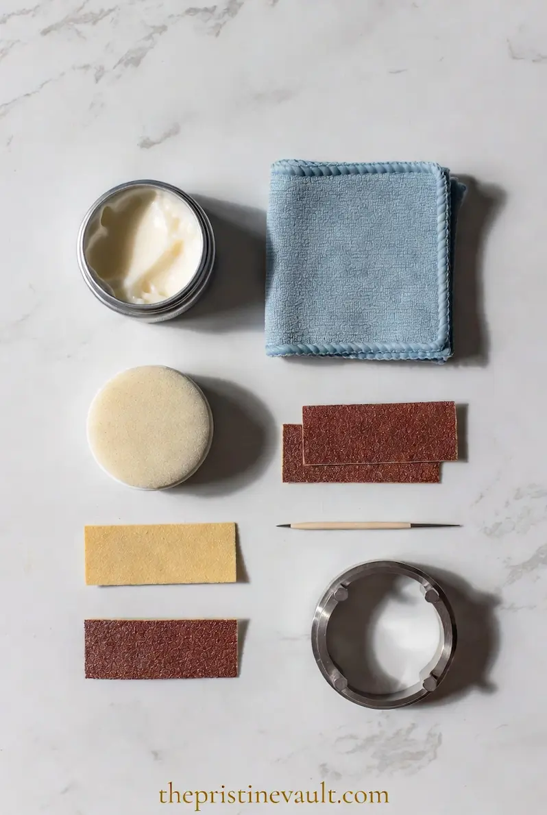 Flat lay of watch bezel scratch removal tools on a marble surface — metal polish cream, blue microfiber cloth, polishing pad, sandpaper strips, toothpick, and a stainless steel watch bezel