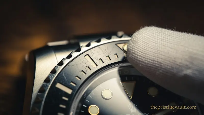 A close-up of a luxury watch bezel with significant scratches, with a hand wearing a white glove gently pointing to the damage