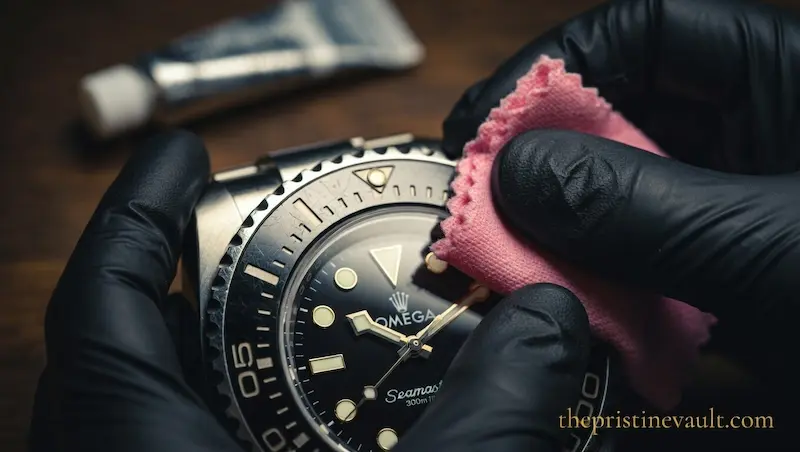 A close-up of a luxury watch bezel, with hands in black nitrile gloves gently polishing the surface using a soft pink cloth