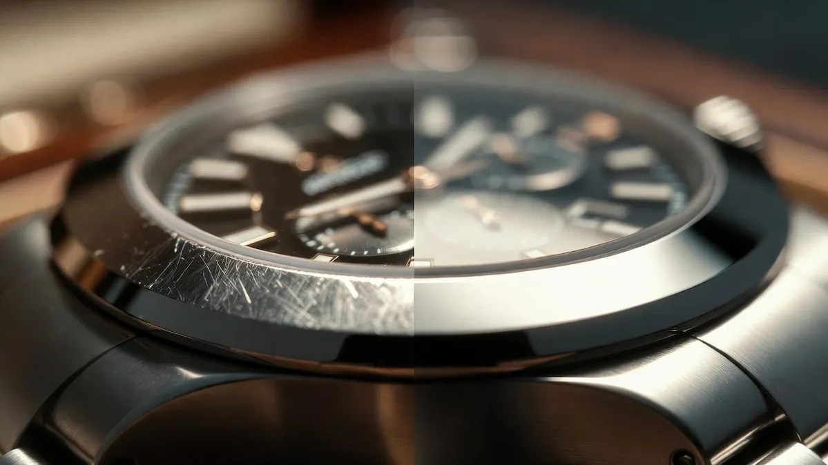 Before and after comparison of removing scratches from a luxury watch bezel, showing the restoration of the stainless steel surface to a new shine