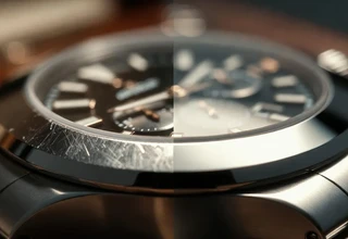 Before and after comparison of removing scratches from a luxury watch bezel, showing the restoration of the stainless steel surface to a new shine