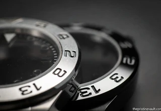 Comparison between a scratched stainless steel watch bezel and a scratch-resistant ceramic bezel.