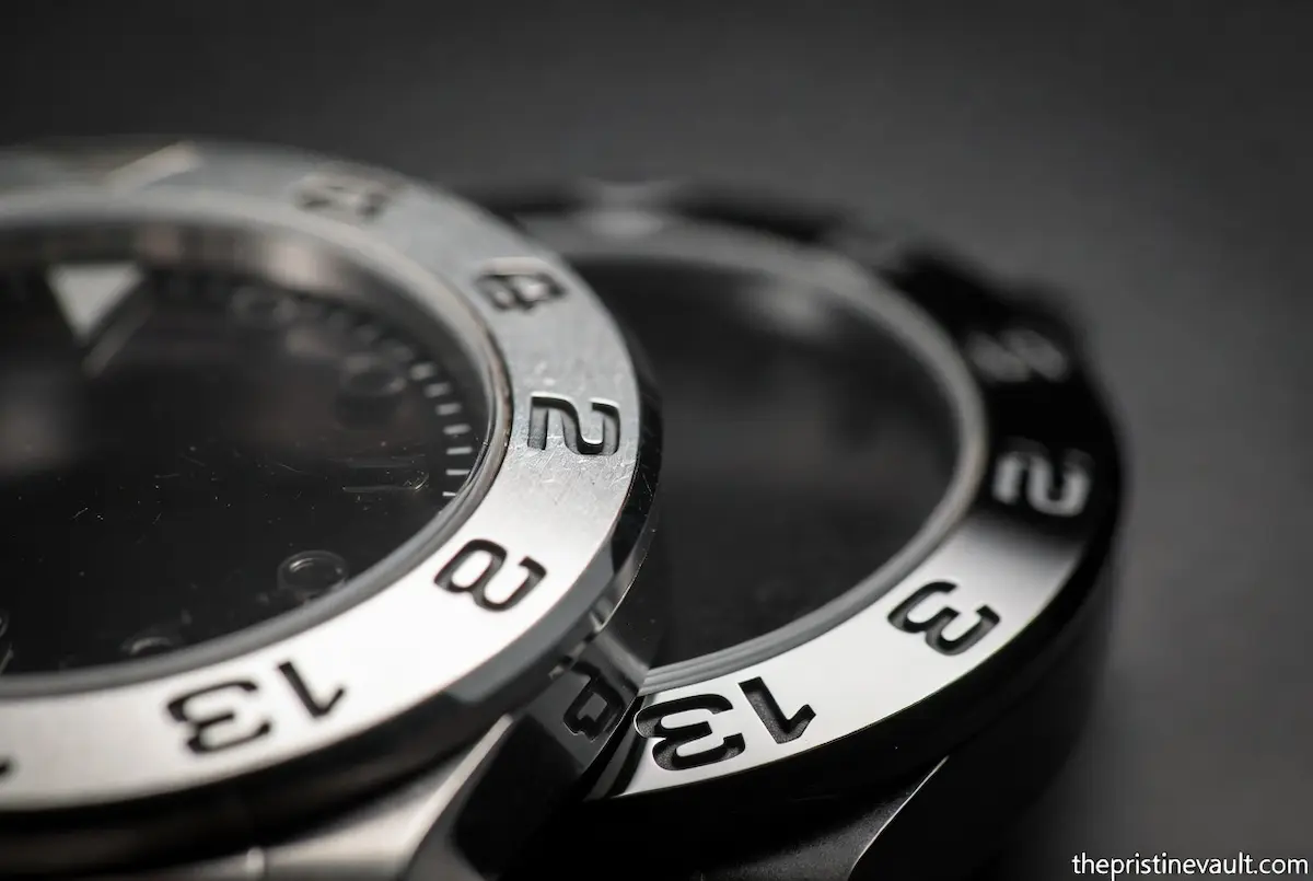 Comparison between a scratched stainless steel watch bezel and a scratch-resistant ceramic bezel.