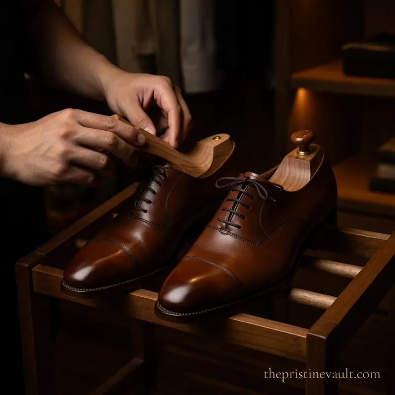 Hands inserting a cedar shoe tree into a brown Allen Edmonds oxford dress shoe on a wooden shoe rack