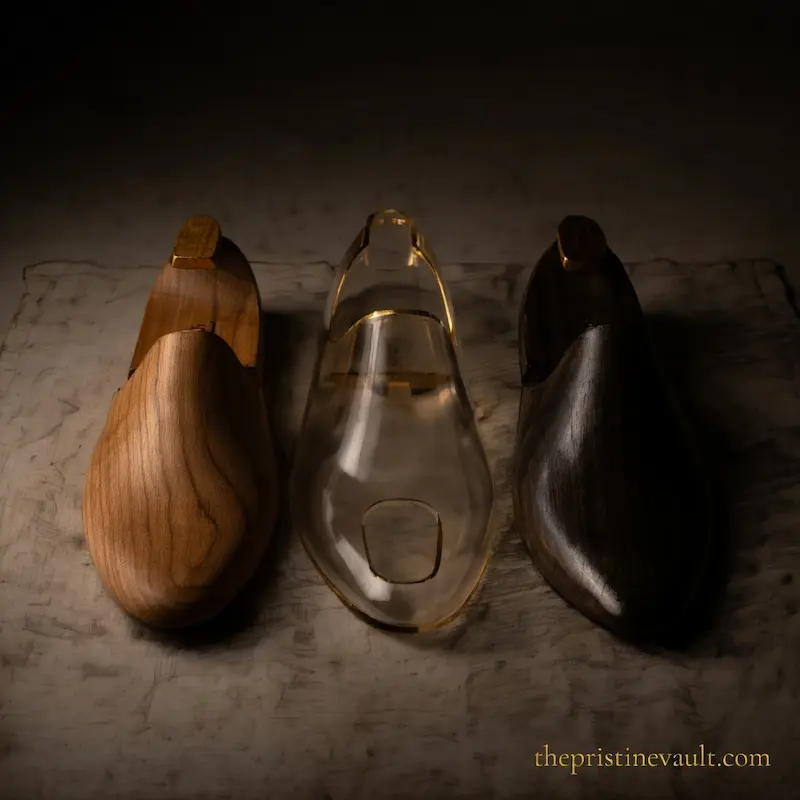 Three types of shoe trees side by side — cedar wood, clear plastic, and dark hardwood — for Allen Edmonds dress shoes