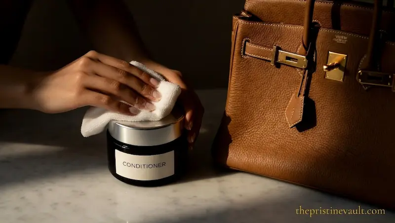 Applying leather conditioner with a soft cloth to condition a Hermès Birkin bag on a marble surface