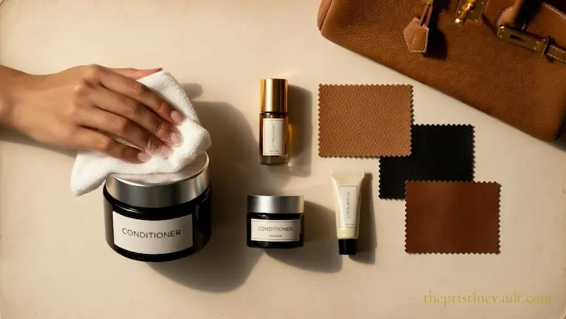 Flat lay of leather conditioner products and leather swatches beside a Hermès Birkin bag for comparison